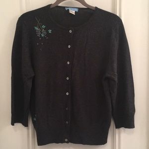 Silk and cashmere grey cardigan decorative ribbon embroidery and beading.